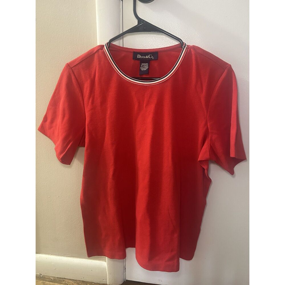 Denim & Co. Perfect Jersey Red Top Striped Neck Short Sleeve Small S Crew Neck